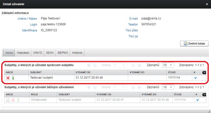 7.8.2.5 Zneplatnění uživatelského vztahu zneplatnění uživatele s oprávněním Běžný uživatel Kromě změny oprávnění uživatele má Správce subjektu možnost provádět také zneplatnění uživatelského vztahu.