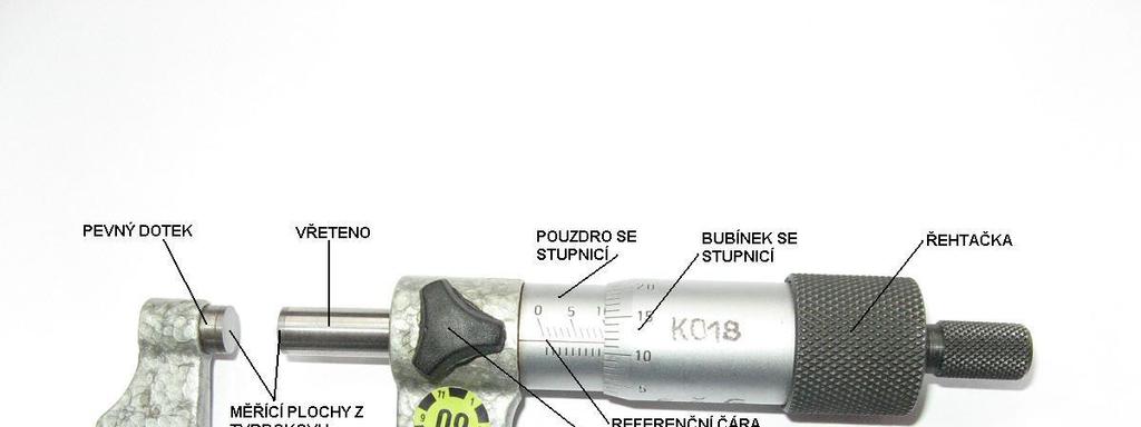 METODIKA PRO KONTROLU TŘMENOVÝCH MIKROMETRŮ Třmenový mikrometr je měřidlo, které slouží k měření vnějších rozměrů s přesností 0,01 mm s odhadem 0,005 mm.