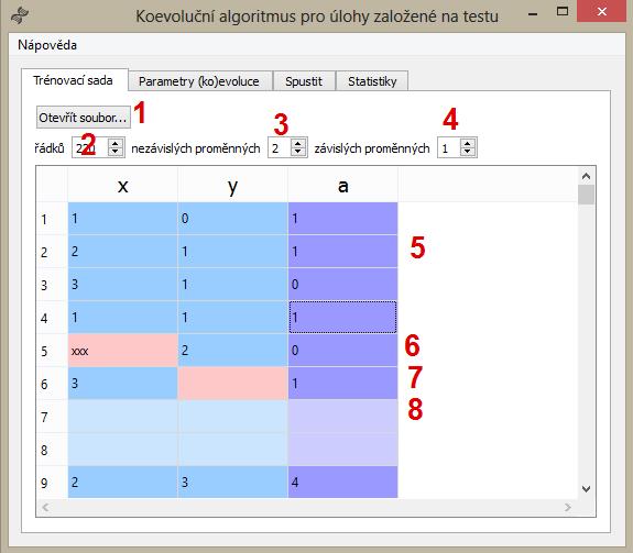 C.2.1 Záložka Trénovací sada Zde je možné načíst soubor s trénovací sadou, případně trénovací sadu přímo vytvořit či upravit. Každý řádek tabulky představuje jeden trénovací vektor.