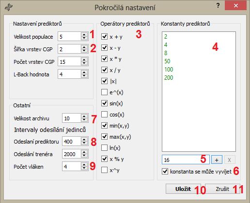 C.2.3 Okno Pokročilá nastavení Toto okno je možné otevřít stisknutím tlačítka pokročilá nastavení.. v záložce Nastavení (ko)evoluce.