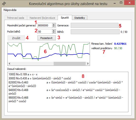C.2.4 Záložka Spustit V průběhu koevoluce není možné měnit nastavení záložky Trénovací sada a Nastavení koevoluce jsou znepřístupněny. Jednotlivé prvky v záložce Spustit jsou označeny na obrázku C.4. Obrázek C.