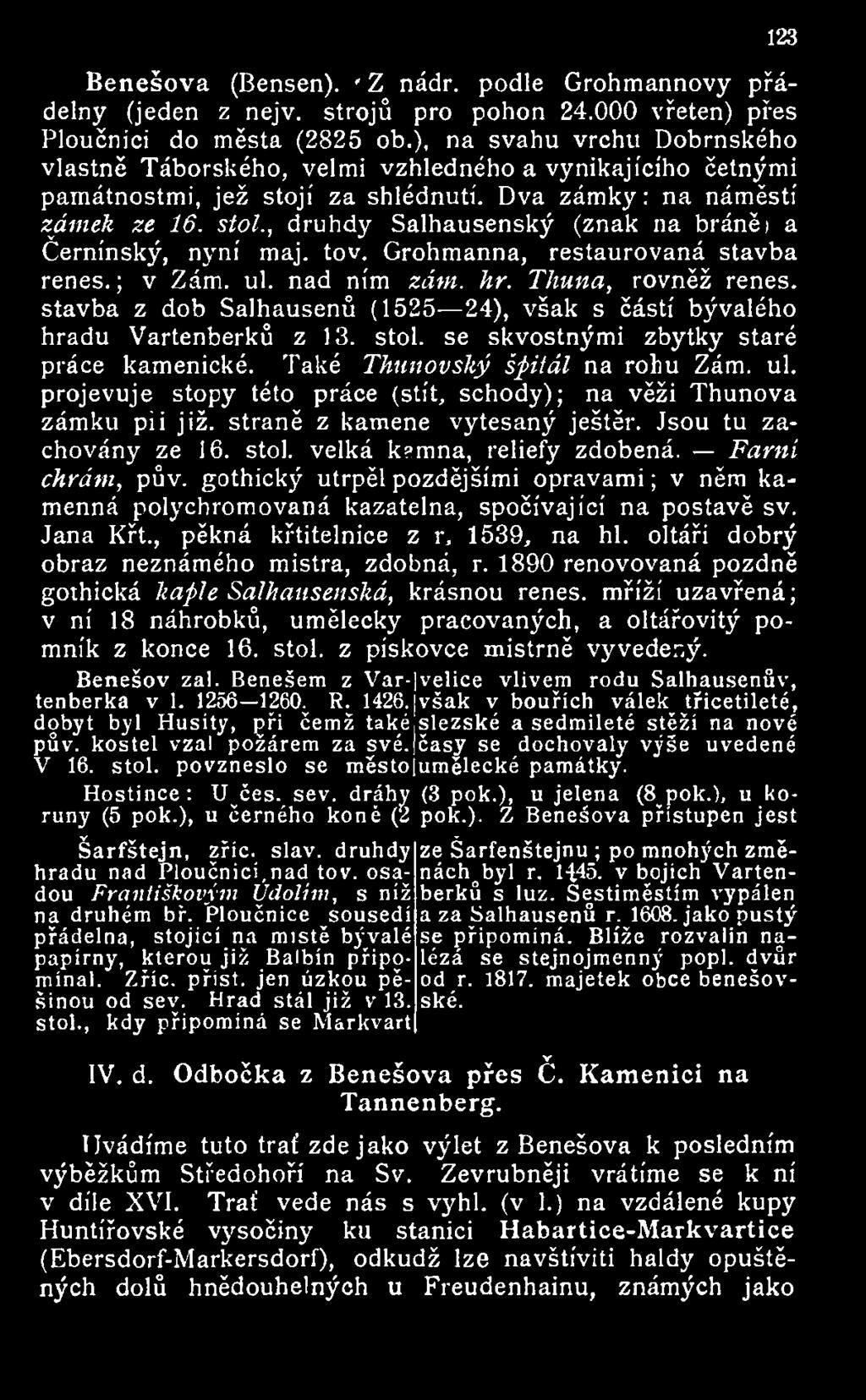 , druhdy Salhausenský (znak na bráně) a Černínský, nyní maj. tov. Grohmanna, restaurovaná stavba renes.; v Zám. ul. nad ním zám. hr. Thuna, rovněž renes.