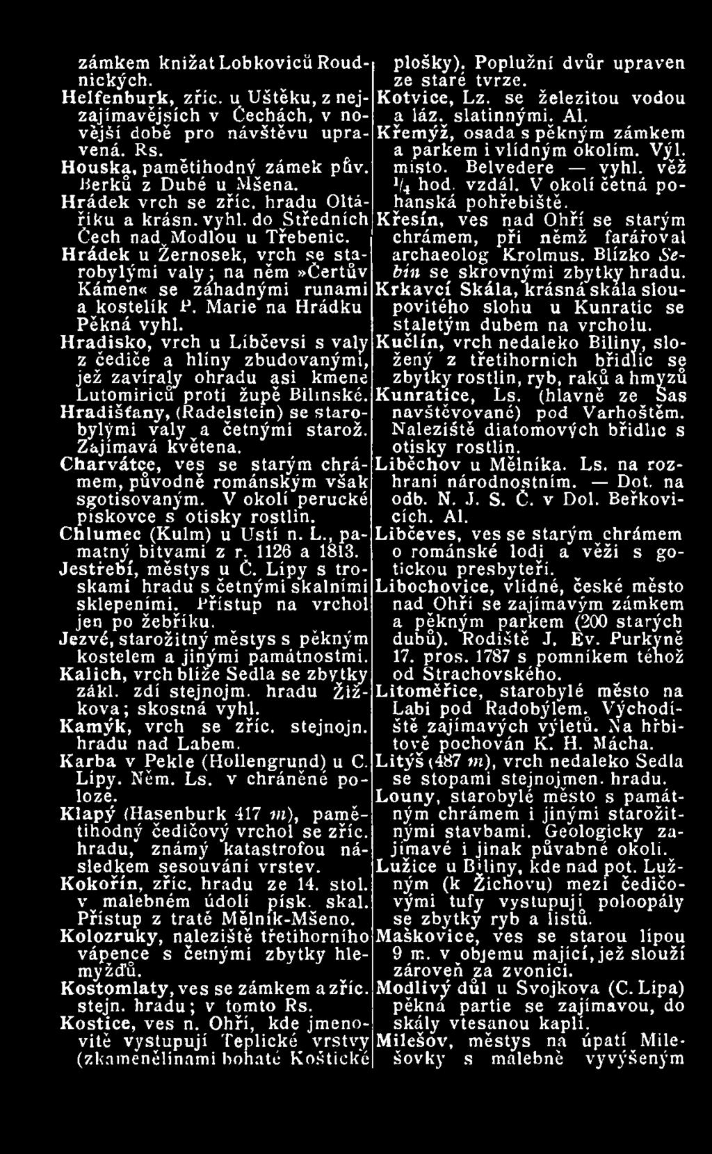 Chlumec (Kulm) u Ustí n. L., památný bitvami z r. 1126 a 1813. Jestřebí, městys u Č. Lípy s troskami hradu svčetnými skalními sklepeními. Přístup na vrchol jen po žebříku.
