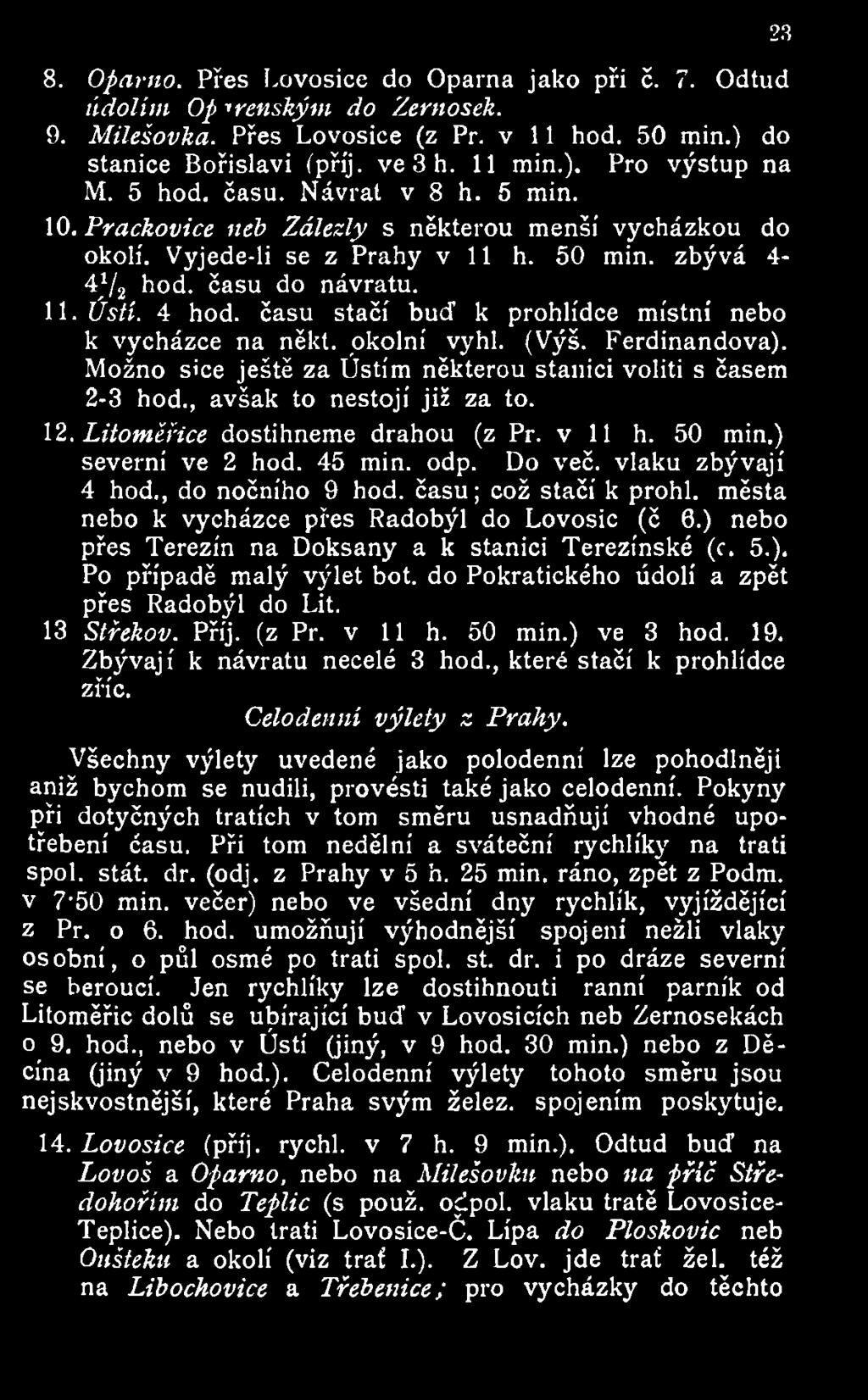 času stačí buď k prohlídce místní nebo k vycházce na někt. okolní vyhl. (Výš. Ferdinandova). Možno sice ještě za Ústím některou stanici voliti s časem 2-3 hod., avšak to nestojí již za to. 12.