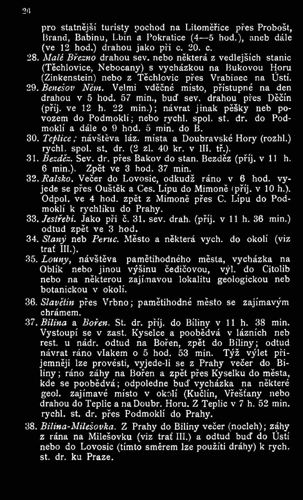 Velmi vděčné místo, přístupné na den drahou v 5 hod. 57 min., buď sev. drahou přes Děčín (příj. ve 12 h. 22 min.); návrat jinak pěšky neb povozem do Podmoklí; nebo rychl. spol. st. dr. do Podmoklí a dále o 9 hod.