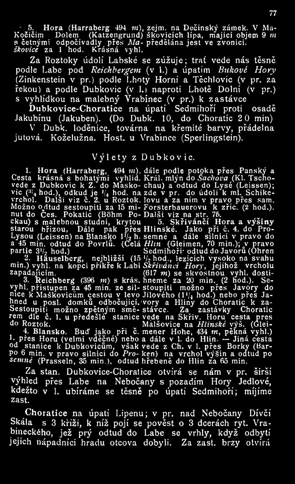 za řekou) a podle Dubkovic (v 1.) naproti Lhotě Dolní (v př.) s vyhlídkou na malebný Yrabinec (v př.) k zastávce Dubkovice-Choratice na úpatí Sedmihoří proti osadě Jakubínu (Jakuben). (Do Dubk.
