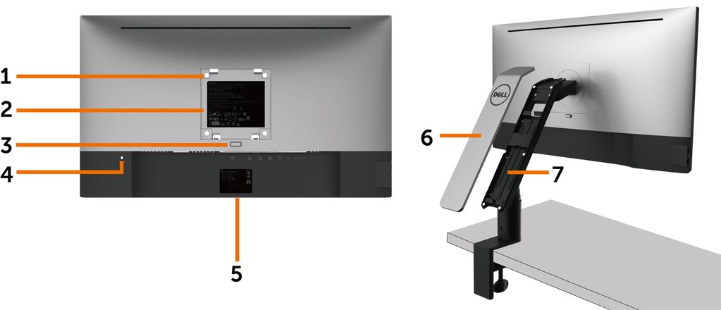 Pohled zezadu Štítek Popis Použití 1 Montážní otvory VESA 100 mm x 100 mm (pod krytem VESA) Připevněte monitor na stěnu pomocí sady držáku na stěnu standardu VESA (100 mm x 100 mm).