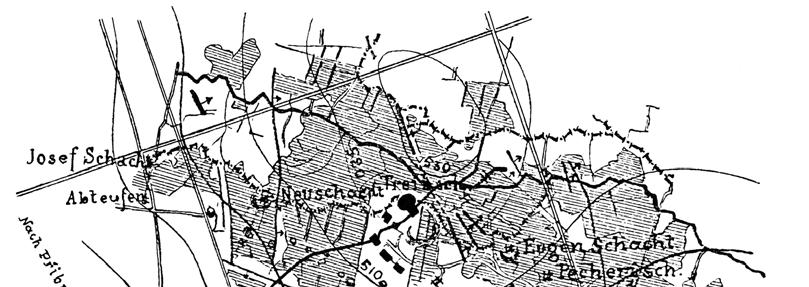 Obr. 11. Mapa důlních měr hessenského kurfiřta Friedricha Wilhelma I. na Jedové hoře překreslená podle originálu měřiče A. Koutného (v měřítku 1:2880) zaneseného roku 1859 F.