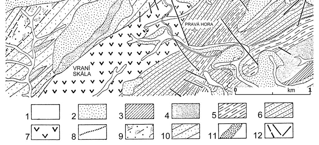 souvrství, 6 - droby, křemence, břidlice letenského souvrství, 7 - bazalty a tufy, 8 - obzory sedimentárních Fe-rud; svrchní proterozoikum: 9 - droby s vložkami břidlic a prachovců, 10 -