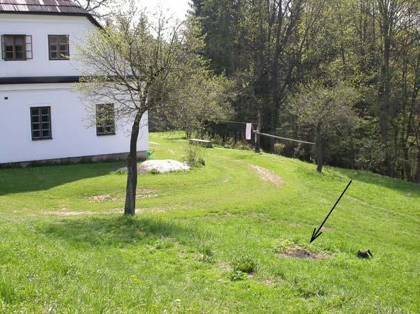 Obr. 41. Zasypaný propad (místo označeno šipkou) z roku 2001 západně od domu č. 86 v Jesenném. Foto D. Velebil Zhodnocení významu ložiska Číselné údaje o množství vytěženého cinabaritu máme za 1.
