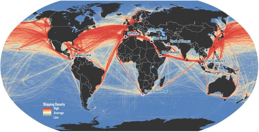 Obrázek 1: Mapa světa zobrazující intenzitu námořní dopravy zdroj: https://people.hofstra.edu 1.