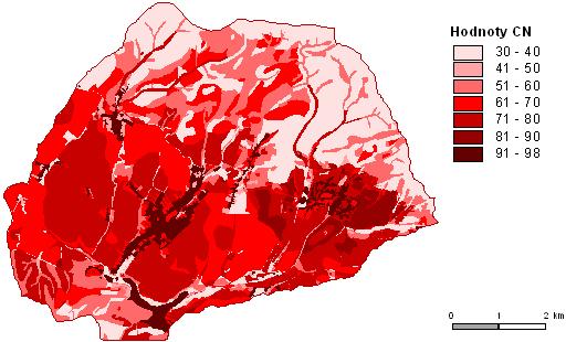 Obr. 3: Hodnoty CN křivek na vymezeném území. Hodnoty CN křivek jsou rozloženy celkem nerovnoměrně, což je dáno především rozmístěním lesních a nelesních ploch (orné půdy).