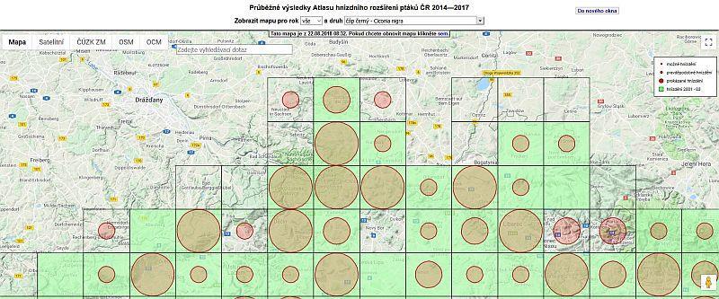 Obr.9: Mapa hnízdního rozšíření čápa černého v zájmové části severních Čech. Obr.