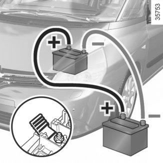 AKUMULÁTOR: odstranění poruchy (pokračování) Spouštění motoru akumulátorem z jiného vozidla Pokud pro spuštění motoru musíte použít akumulátor jiného vozidla, obstarejte si vhodné elektrické kabely