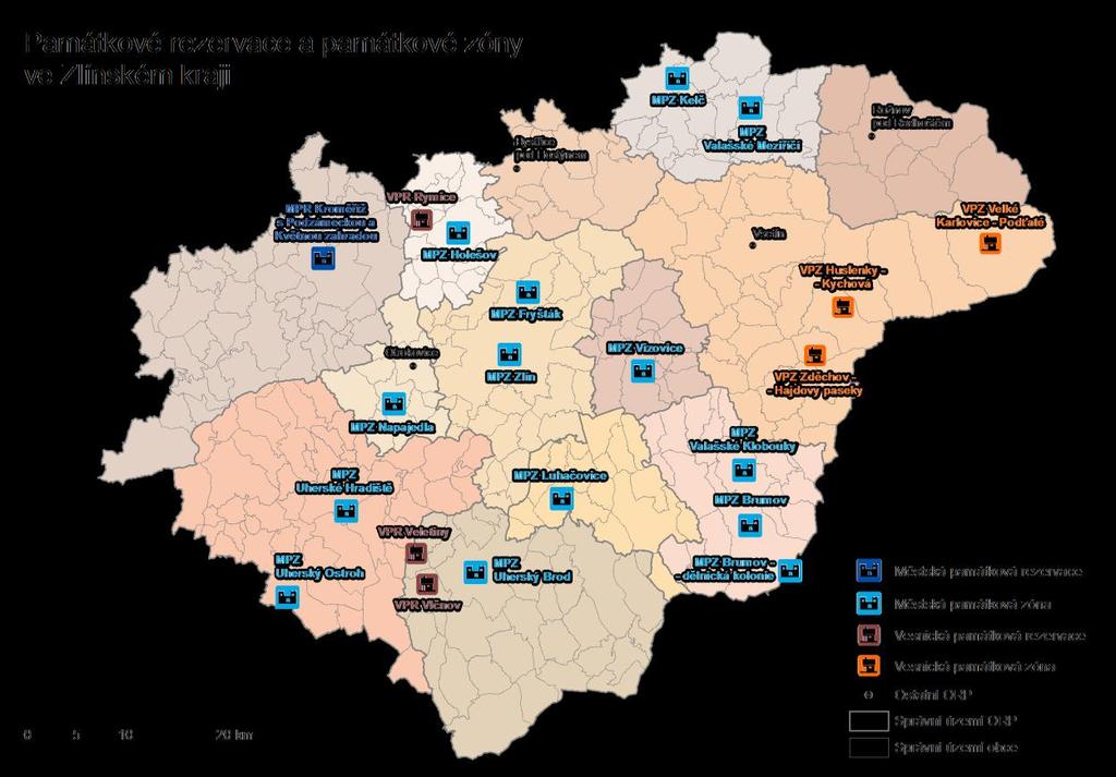 Památkově chráněná území ve Zlínském kraji: památkové rezervace - městské, vesnické (MPR, VPR), památkové zóny - městské, vesnické (MPZ, VPZ), ochranná pásma kulturních památek a národních kulturních