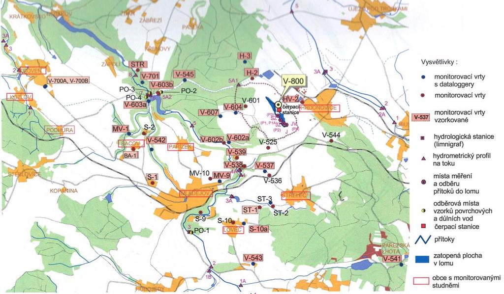 Obr. 9-1. Lom Střeleč, pozice objektů s prováděným monitorováním množství a kvality podzemních a povrchových vod, Situace čerpací stanice a projektovaného vrtu V-800.