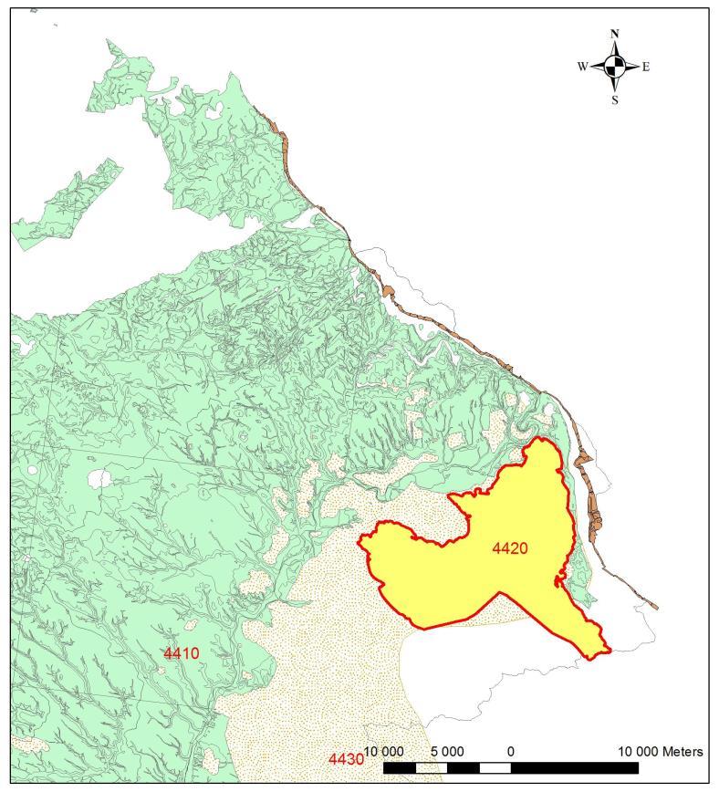 Obr. 4-3. Pozice rajonu 4420 v kontextu s okolními rajony. Vyznačení povrchových výchozů jizerského souvrství (zeleně) a rozsah litofacie vápnitých jemnozných.