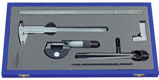 Mikrometry Micrometers 4 Sada obsahuje posuvné měřítko 0-160, Set includes Caliper 0-160, micrometer mikrometr 0-25, úhelník 63x35, rýsovací kružítko 200, přímou rýsovací jehlu,