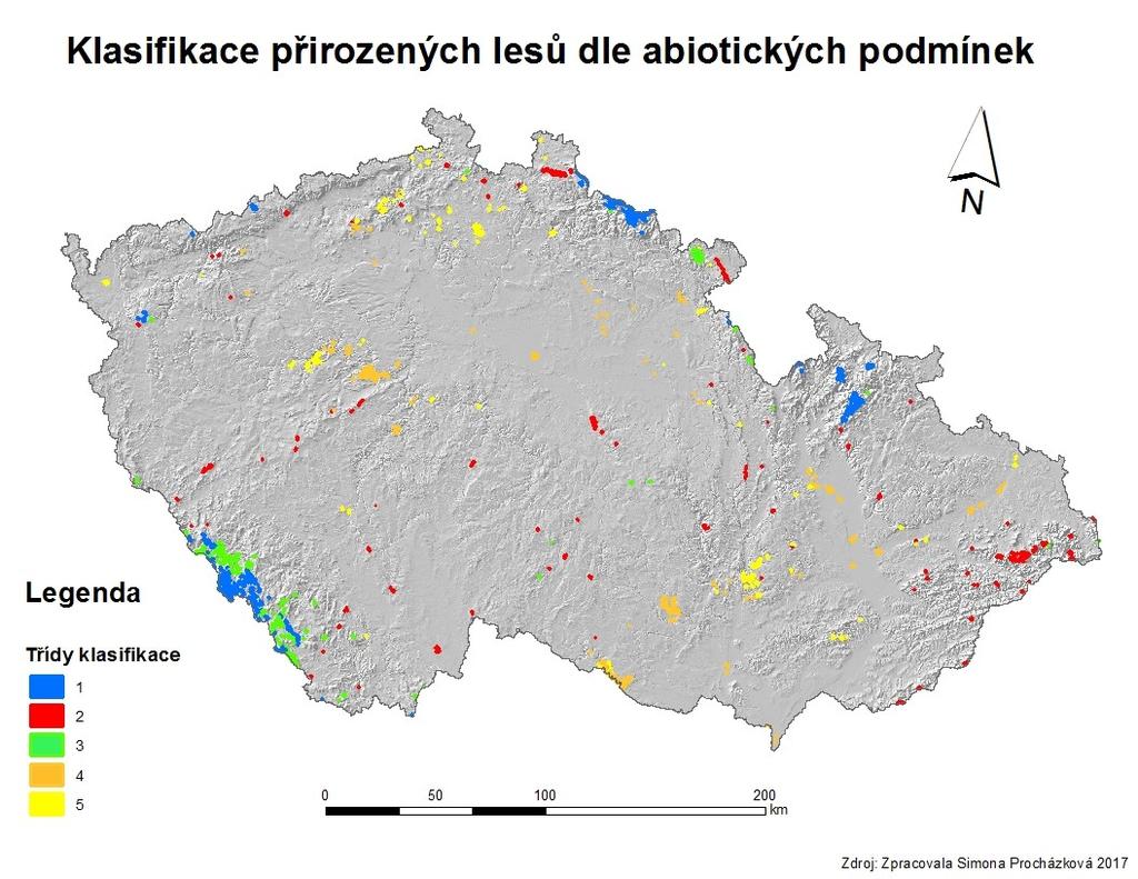 6 Výsledky Výsledkem klastrové analýzy jsou tři klasifikace přirozených lesů dle podmínek prostředí.