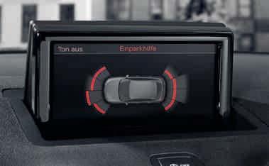 106 Asistenční systémy Jízdní dynamika/brzdy Audi parking system plus* akustická a optická pomoc při parkování vpředu a vzadu, zobrazení na displeji MMI ; měření ultrazvukovými senzory skrytými do