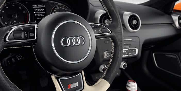 barevné prvky v interiéru v kůži Audi exclusive v černé barvě s kontrastními švy v bílé Alabastr Ovládací prvky v kůži Audi exclusive v černé barvě/bílé Alabastr Manžety výdechů vzduchu v