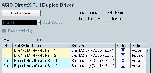 Softwarové nastavení v programu Cubase: Devices > Device Setup > VST Audio System, zvolit ASIO DirectX Full DuplexDriver: Nastavení vstupů a výstupů: Devices > VST Connections: karta Inputs: mono