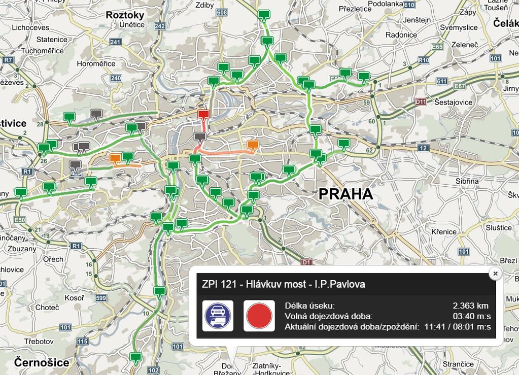Snímek obrazovky mapové aplikace s vyznačenými trasami s měřením jízdních dob.