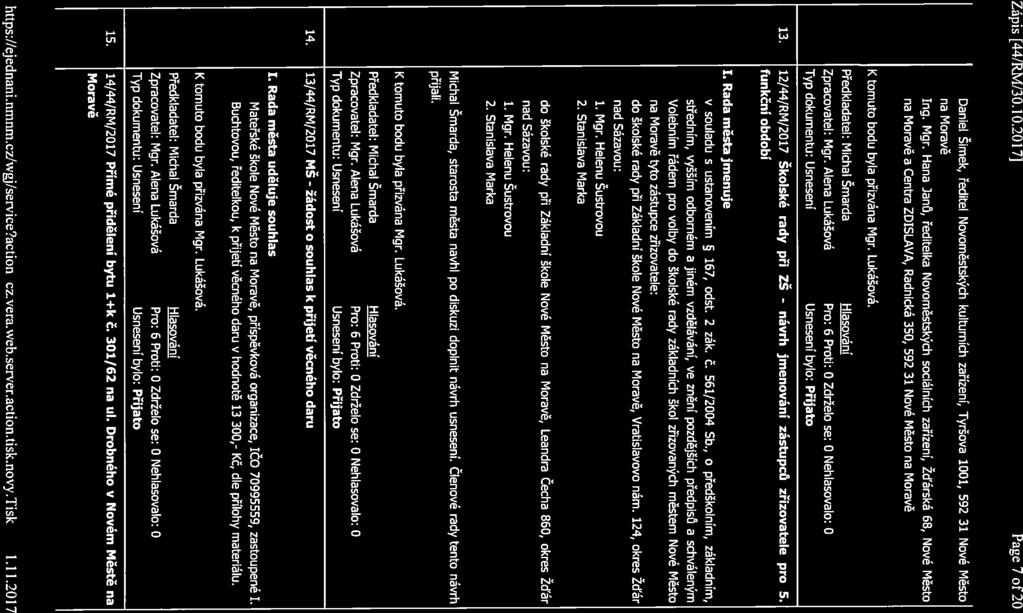 Zápis [44/RM/30.10.20171 Page 7 of 20 Daniel Šimek, ředitel Novoměstských kulturních zařízení, Tyršova 1001, 592 31 Nové Město na Moravě Ing. Mgr.