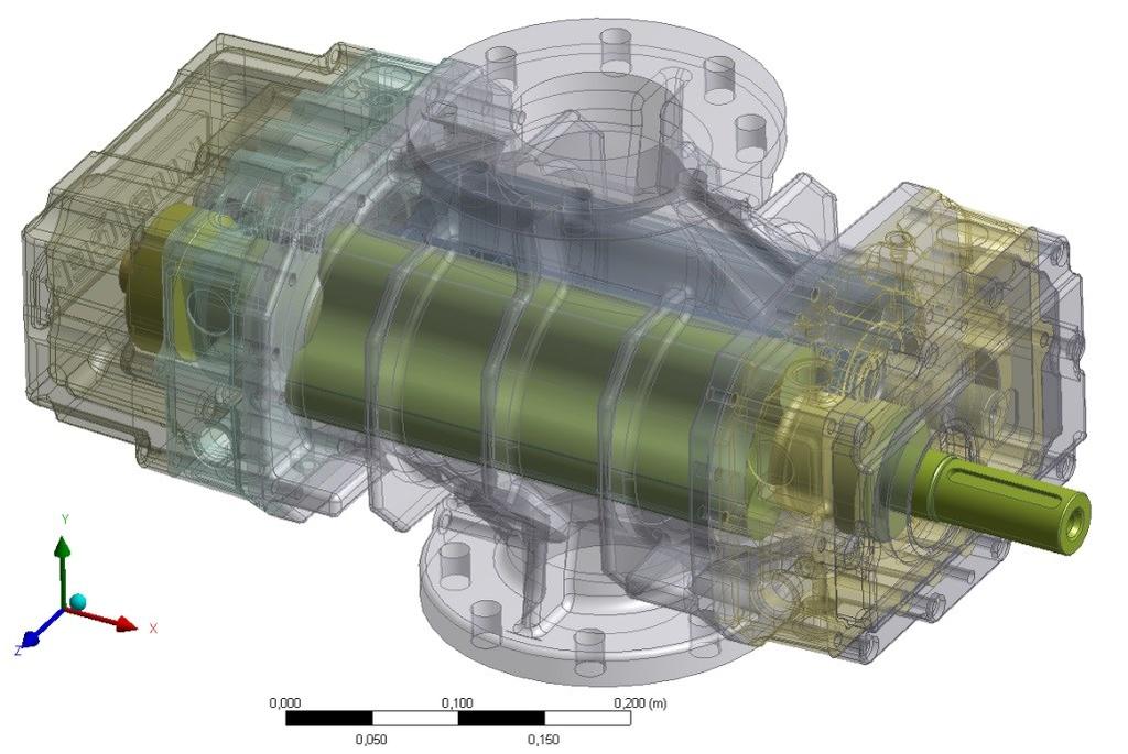 MODÁLNÍ ANALÝZA ŠASI 3D38 ozubená kola a ložiska byly nahrazeny primitivními, geometrickými tvary se zachováním jejich hmotností a momentů