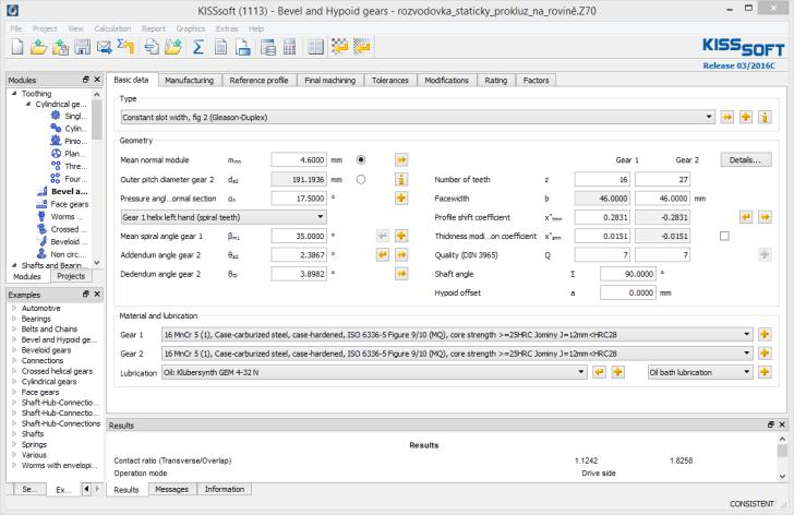 Program byl použit pro výpočet kuželových soukolí rozvodovky a diferenciálu. Obr. 2.1 Ukázka prostředí KISSsoft 03-2013 2.