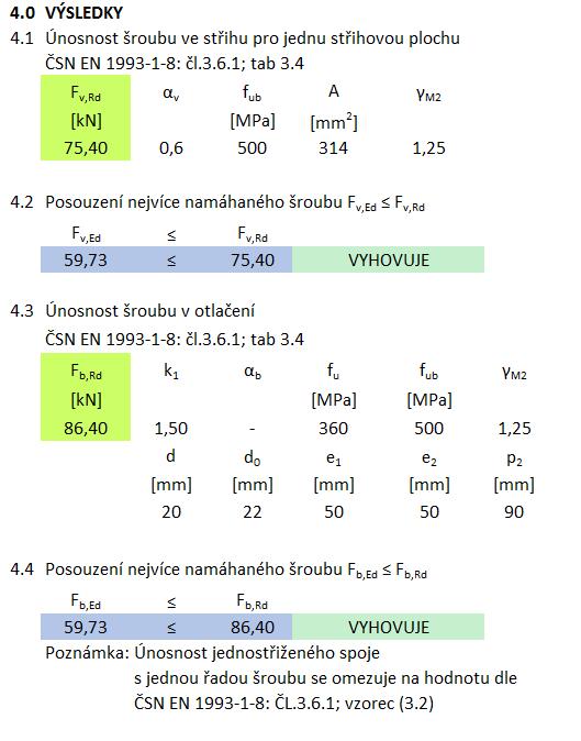 Výslednici nejvíce zatíženého šroubu porovnáme stejně jako u ručního výpočtu s hodnotami návrhovými. Porovnání, včetně sumarizace hodnot, které vstupují do výpočtu jsou uvedeny ve skupině 4.