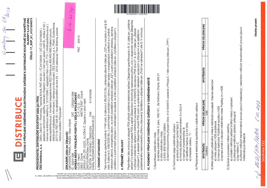 -/- g [1 DSTRBUCE MOUVA O PFPOJENÍ ODBĚRNÉHO ELEKmCKÉHO ZAŘÍZENÍ K DSTRBUČNÍ SOUSTAVĚ DO NAPĚŤOVÉ g HLADNY O,4 kv (NN) ČÍSLO: 17 SOP O 4121334673 é:[4 ]- (Q ) ) q (61' -f) (j$ Oco '4 ý'g tj ť 3 0D 0