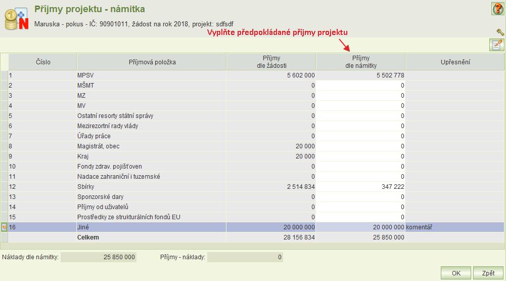 Předpokládané příjmy od MPSV se přenášejí z formuláře Náklady projektu pro námitku, a to celkový součet dotace včetně požadavku na navýšení.