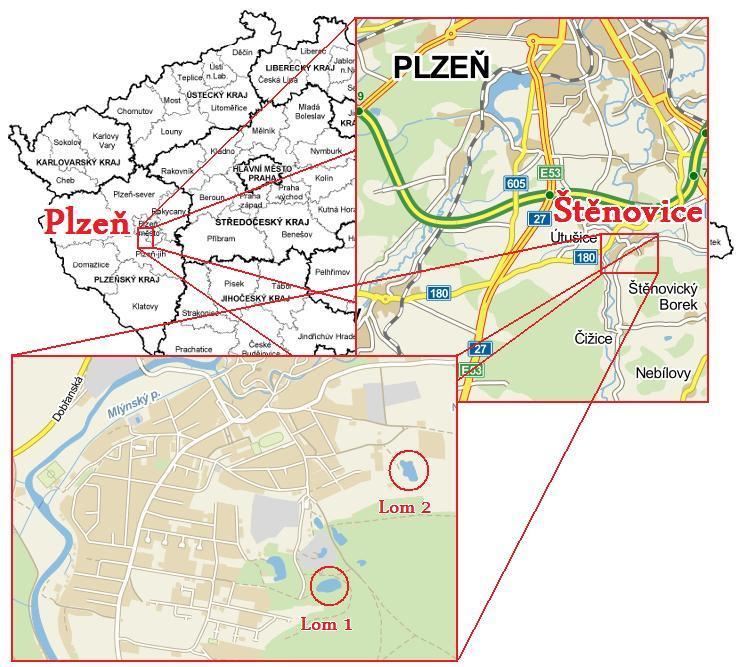 3 Charakteristika zkoumaných lokalit 3.1 Štěnovické lomy Město Štěnovice leží přibližně 8 km jižně od Plzně na řece Úhlavě. V okolí Štěnovic se nachází masiv amfibolicko-biotitického (tzv.
