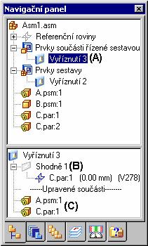 Prvky sestavy Jestliže na horním panelu stromu modelu vyberete prvek sestavy, budou rodiče, kteří ovládají prvek, zobrazeni na dolním panelu stromu modelu.