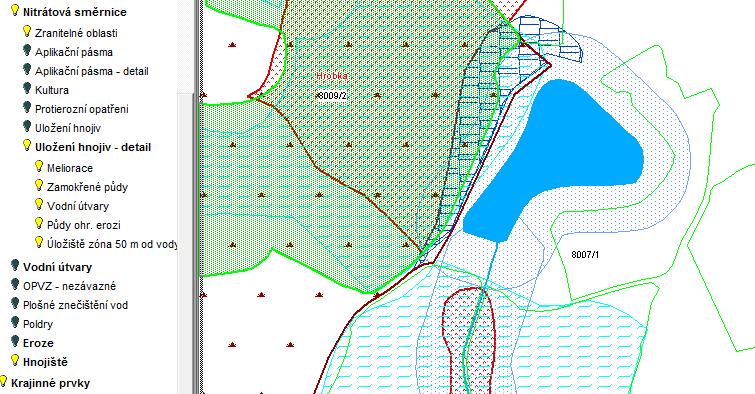 mimo fleky, které se zobrazí po zapnutí vrstvy Uložení hnojiv detail. Rozhodující pro umístění hnojiště je však samozřejmě schválený havarijní plán.