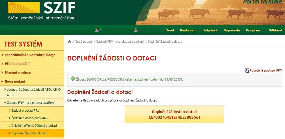 Po kliknutí na Doplnění žádosti se zobrazí Žádost o dotaci s daným registračním číslem čekající na doplnění (obr. 14). Obr.