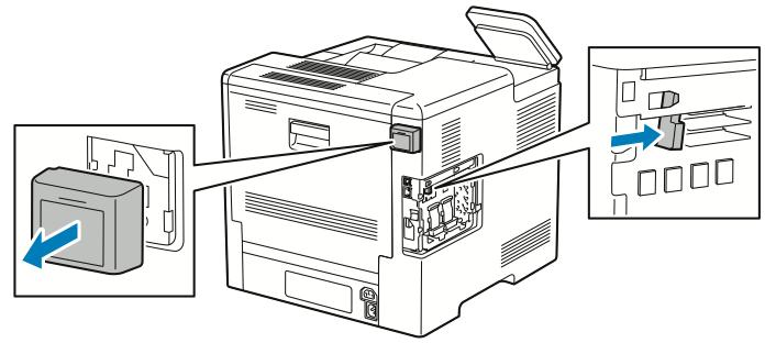 Podržte uvolňovací páčku v této pozici a opatrně vytáhněte adaptér bezdrátové sítě z tiskárny. Nevytahujte adaptér bezdrátové sítě násilím.