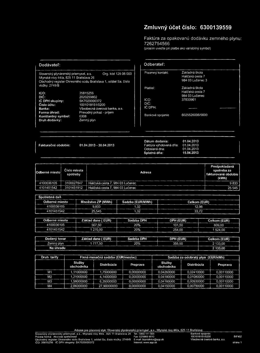 Zmluvný účet číslo: 6300139559 Faktúra za opakovanú dodávku zemného plynu: 7262754566 (prosím uveďte pri platbe ako variabilný symbol) Dodávateľ: Slovenský plynárenský priemysel, a.s. Org.