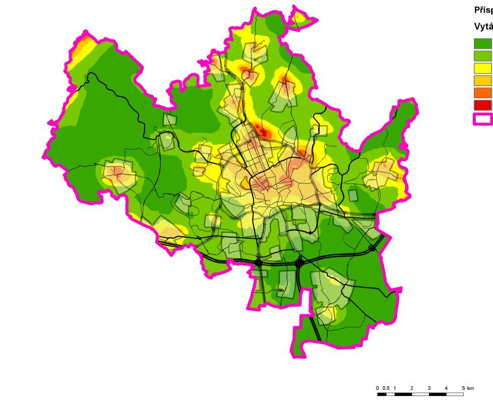 Obrázek 44: Příspěvek skupiny mobilních zdrojů (Doprava) k průměrné roční koncentraci PM 2,5, stav roku 2011, aglomerace CZ06A Brno Obrázek 45: Příspěvek skupiny