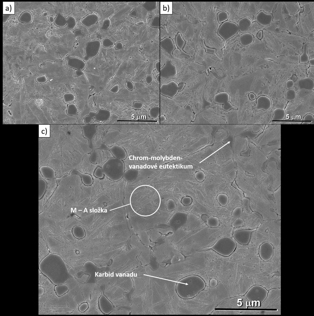 Mikrostruktura podél celé osy produktu byla homogenní. Pouze u vtoku do dutiny formy se vyskytovaly karbidy méně globulárního tvaru, které byly nepravidelně rozmístěné (Obr. 6).