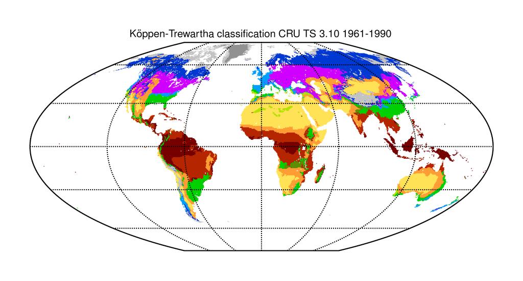 Köppenova-Trewarthova klasifikace podle CRU pro roky 1961-1990: realita Fi ledové Do mírné oceánické Dc mírné kontinentální E