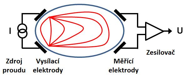 KAPITOLA 5. ELEKTRICKÁ IMPEDANČNÍ TOMOGRAFIE 137 Vysílacími elektrodami jsou do měřeného objektu vysílány slabé střídavé proudy.