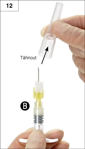 Krok 12: Před vlastní aplikací sejměte z jehly ochrannou krytku (obrázek 12). Důležité: Před aplikací nemanipulujte s bezpečnostním mechanismem jehly.