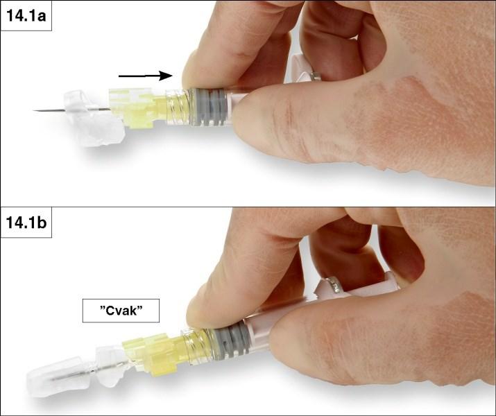 Krok 14: Po aplikaci injekce uzamkněte bezpečnostní krytku jehly. Můžete použít kteroukoliv z aktivačních metod uvedených níže. 1. Uzavření na rovném povrchu Zatlačte bezpečnostní krytku orientovanou tak, aby strana s páčkou směřovala dolů, proti rovnému povrchu (obrázky 14.