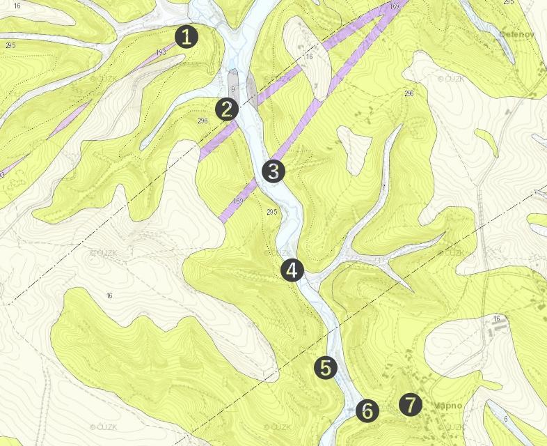 ZJEDNODUŠENÁ GEOLOGICKÁ MAPA S VYZNAČENÝMI EXKURZNÍMI LOKALITAMI Legenda: 6: nivní sediment 7: smíšený sediment 9: slatina, rašelina, hnilokal