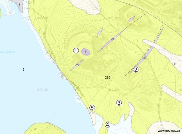 ZJEDNODUŠENÁ GEOLOGICKÁ MAPA S VYZNAČENÝMI EXKURZNÍMI LOKALITAMI Legenda: 6: nivní sediment 9: slatina, rašelina, hnilokal 12: písčito-hlinitý až hlinito-písčitý sediment