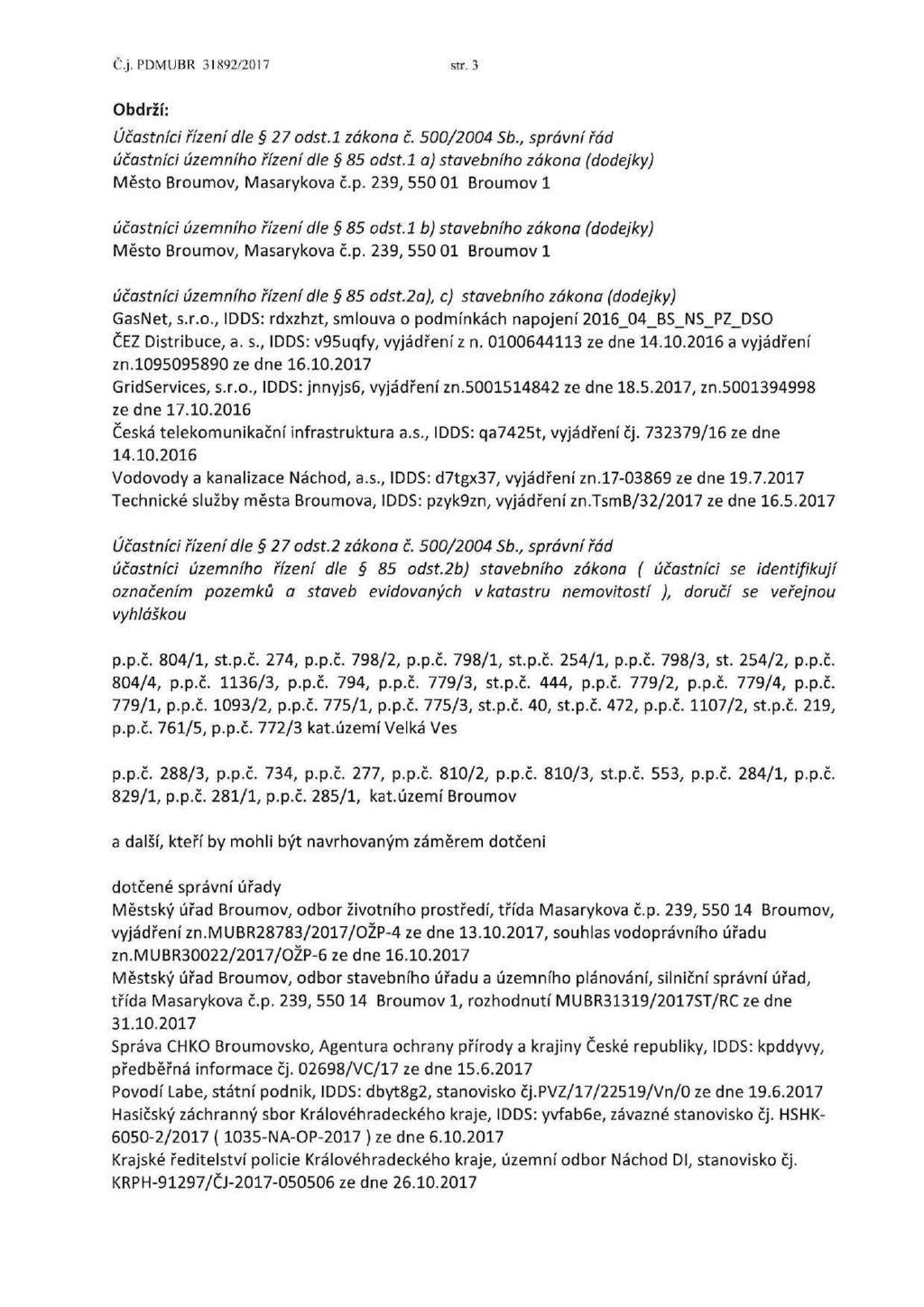 Č.j.PDMUBR 31892/2017 str. 3 Obdrží: Účastníci řízení dle 27 odst.l zákona č. 500/2004 Sb., správní řád účastníci územního řízení dle 85 odst.