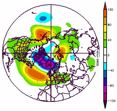 Obr. 1.11 Mapa odchylek od normálu průměrných hodnot AT 500 hpa 1. prosinec 2004 až 23. leden 2005 Obr. 1.12 Mapa odchylek od normálu průměrných hodnot AT 500 hpa 1.
