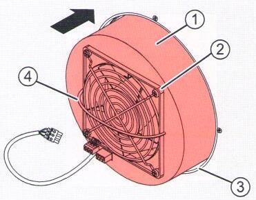 poznačte si pozici konektoru (4) pro kabely vedoucí k ventilátoru (zelená čárka na obrázku). vytáhněte konektor (4) z protikusu.